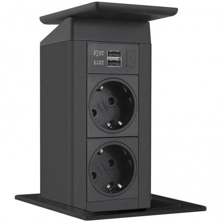 EVOline Port Push izvlačna utič. crna 3x šuko + dvostr.USB, poklopac neh. čel.