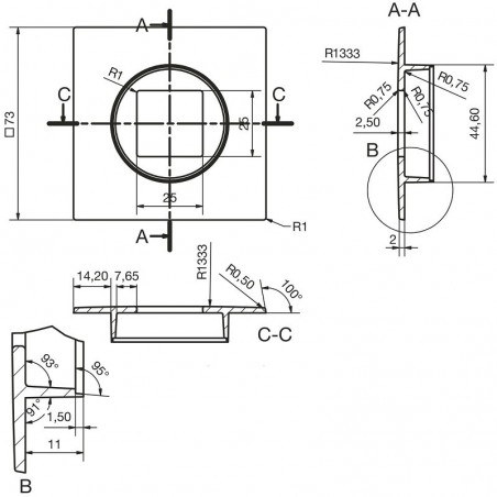Ukopna ručkica Geometric kvadratna 73x73, upušt. ø 45 mm, cink crna mat