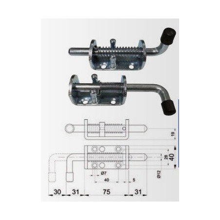 IBFM zasun za vrata s oprugom ø 12 mm, montažna pločica 75 x 40 mm