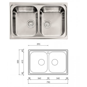 CM sudoper LEVANTE 79×50 2V 3˝ sa sifonom (2 korita) 015722