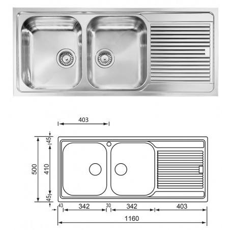 CM sudoper ZENITH 210 116×50 2V  sa sifonom (2 korita+ocjeđivač) 011227