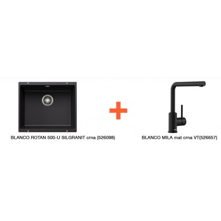 SET sudoper BLANCO ROTAN 500-U silgranit crna (526098) + pipa BLANCO MILA mat crna (526657)