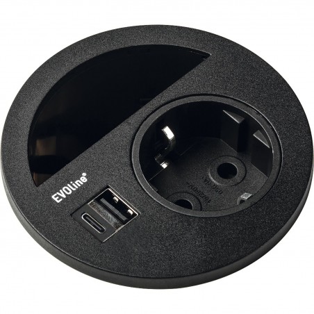 EVOline Circle80 utičnica s prorezom za kabel i USB-A+C dvostr. punjačem, crna