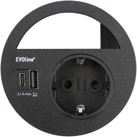 EVOline Circle80 utičnica s prorezom za kabel i USB-A+C dvostr. punjačem, crna
