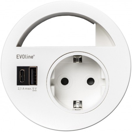 EVOline Circle80 utičnica s prorezom za kabel i USB-A+C dvostr. punjačem, bijela