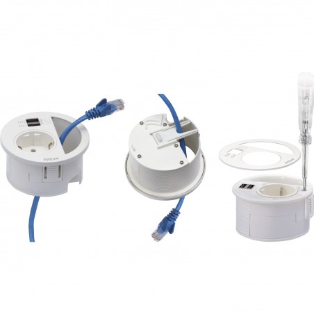 EVOline Circle80 utičnica s prorezom za kabel i USB-A+C dvostr. punjačem, bijela