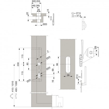 MACO HS ukopna ručka kratka 110 x 36 mm, upuš. 13 mm, alu srebrna (358341)