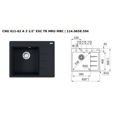 Franke Centro 2.0 CNG 611-62 A Black Collection sudoper, lijevi
